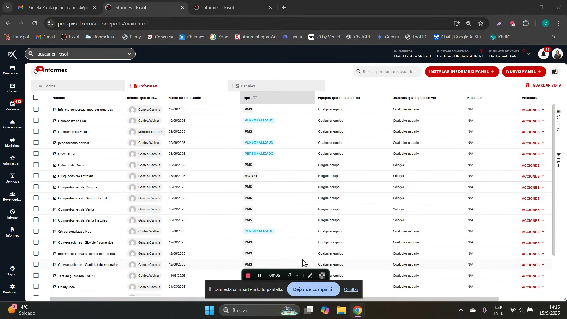 Menú lateral izquierdo con la opción 'Informes' desplegada, mostrando el submenú 'Informes y paneles'.