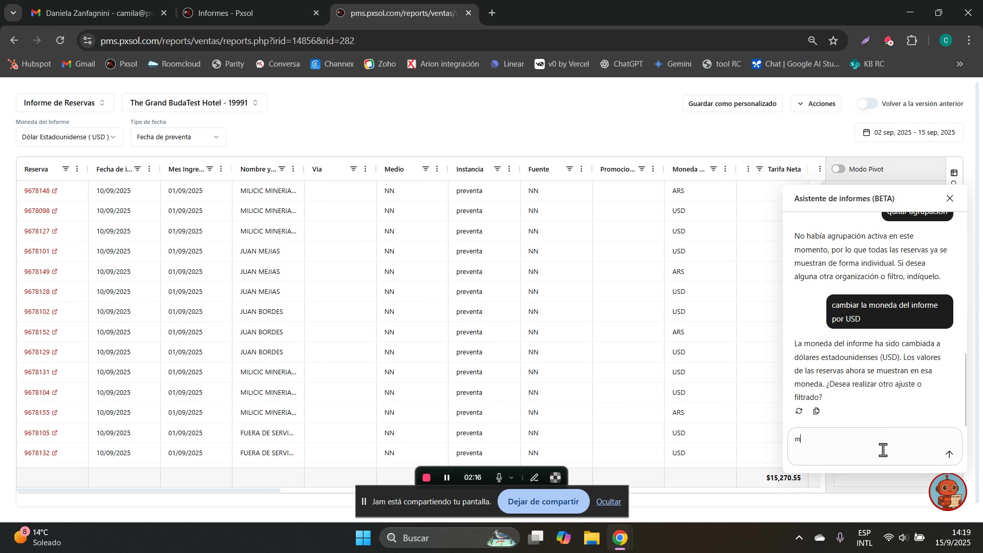 Escribiendo el comando para modificar el rango de fechas en el chat del asistente.