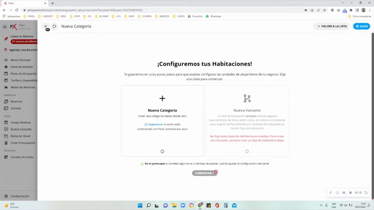 Selección de la opción para crear una nueva categoría de habitación
