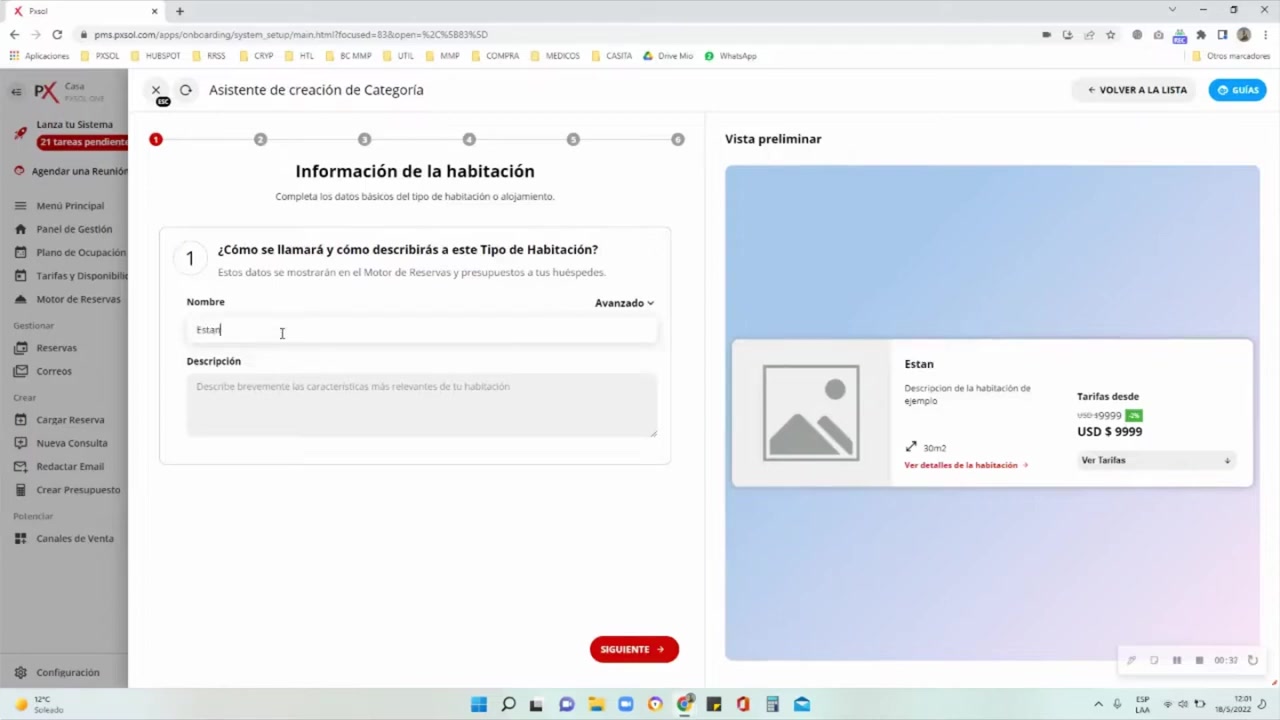 Formulario para ingresar el nombre y la descripción de la categoría de habitación
