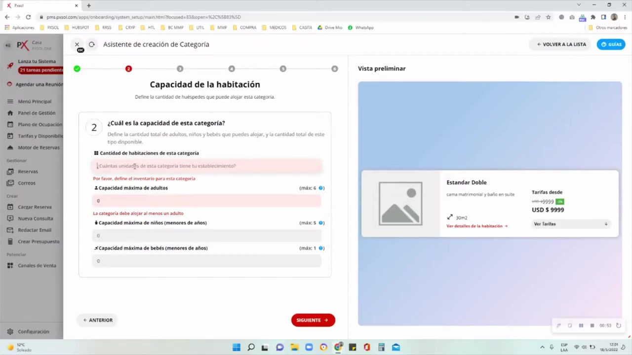 Formulario para configurar el inventario y la capacidad máxima de adultos, niños y bebés