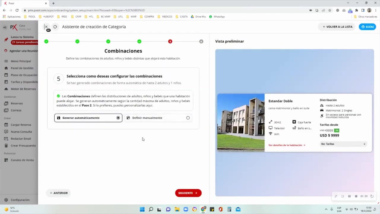 Pantalla para seleccionar la generación automática de combinaciones de huéspedes