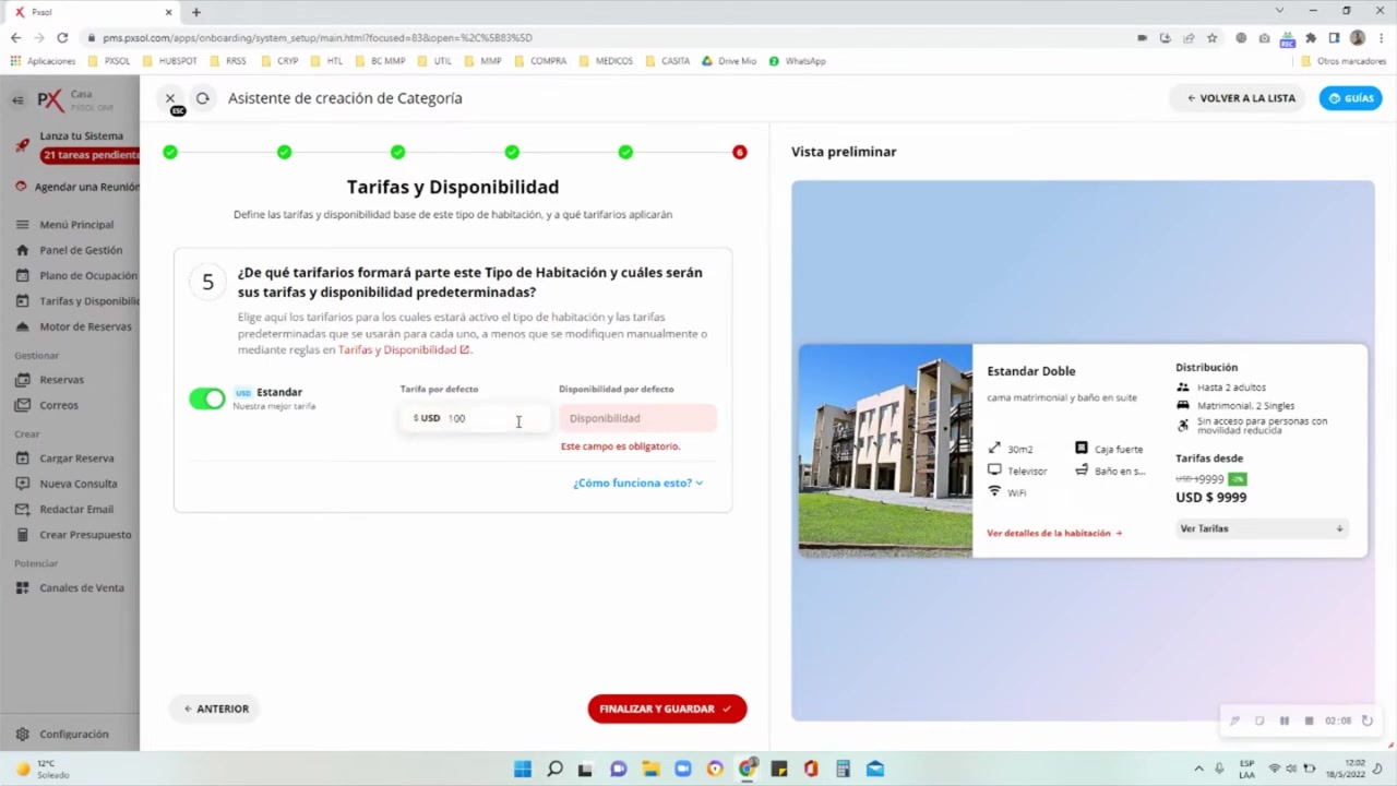 Configuración final de la tarifa y disponibilidad por defecto para la nueva categoría