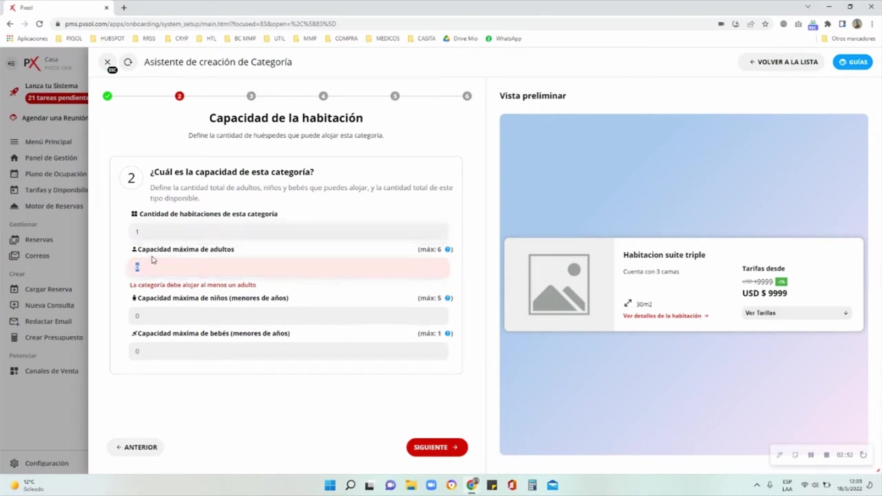 Formulario de capacidad para una habitación triple