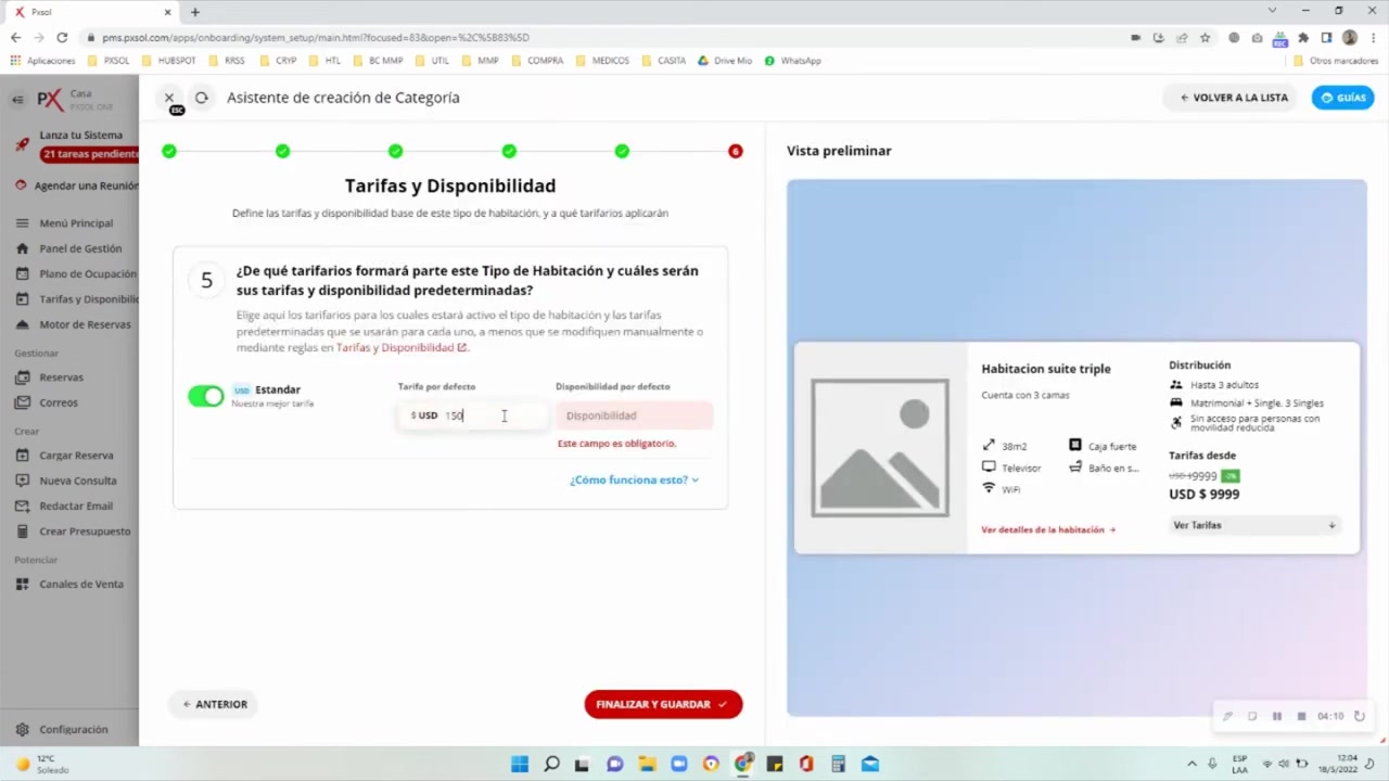 Configuración de la tarifa y disponibilidad para la habitación triple
