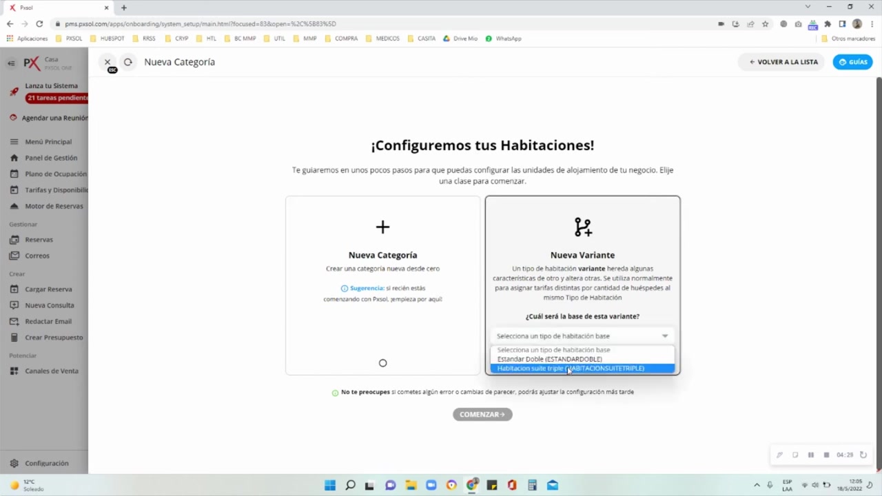 Selección de una categoría base para crear una nueva variante de habitación