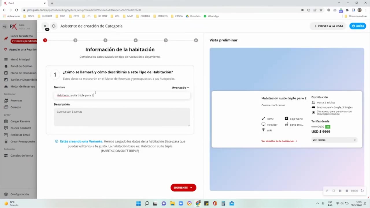 Modificación del nombre de la habitación para crear la variante para dos personas