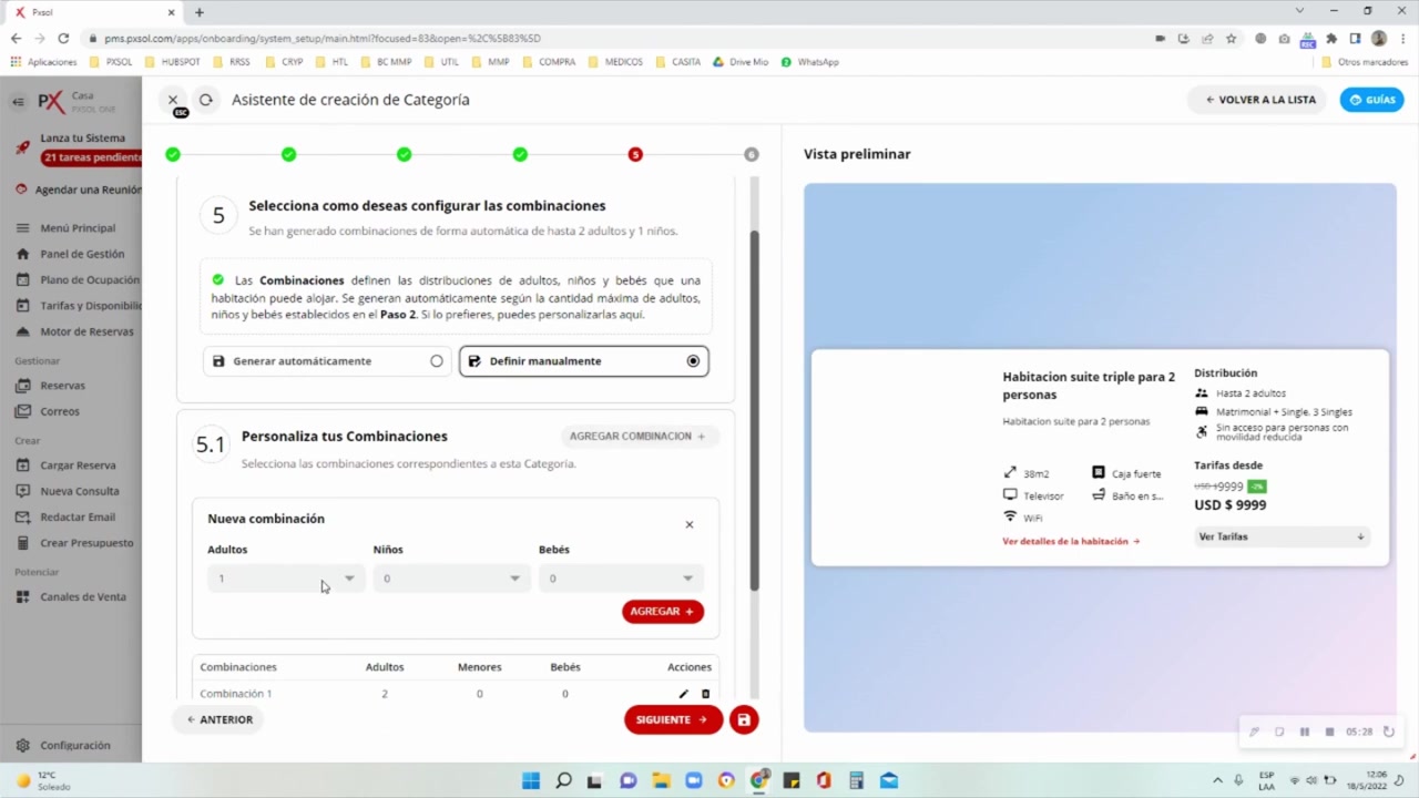 Definición manual de combinaciones para la variante de dos personas