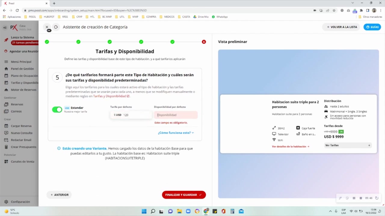 Configuración de una nueva tarifa para la variante de habitación