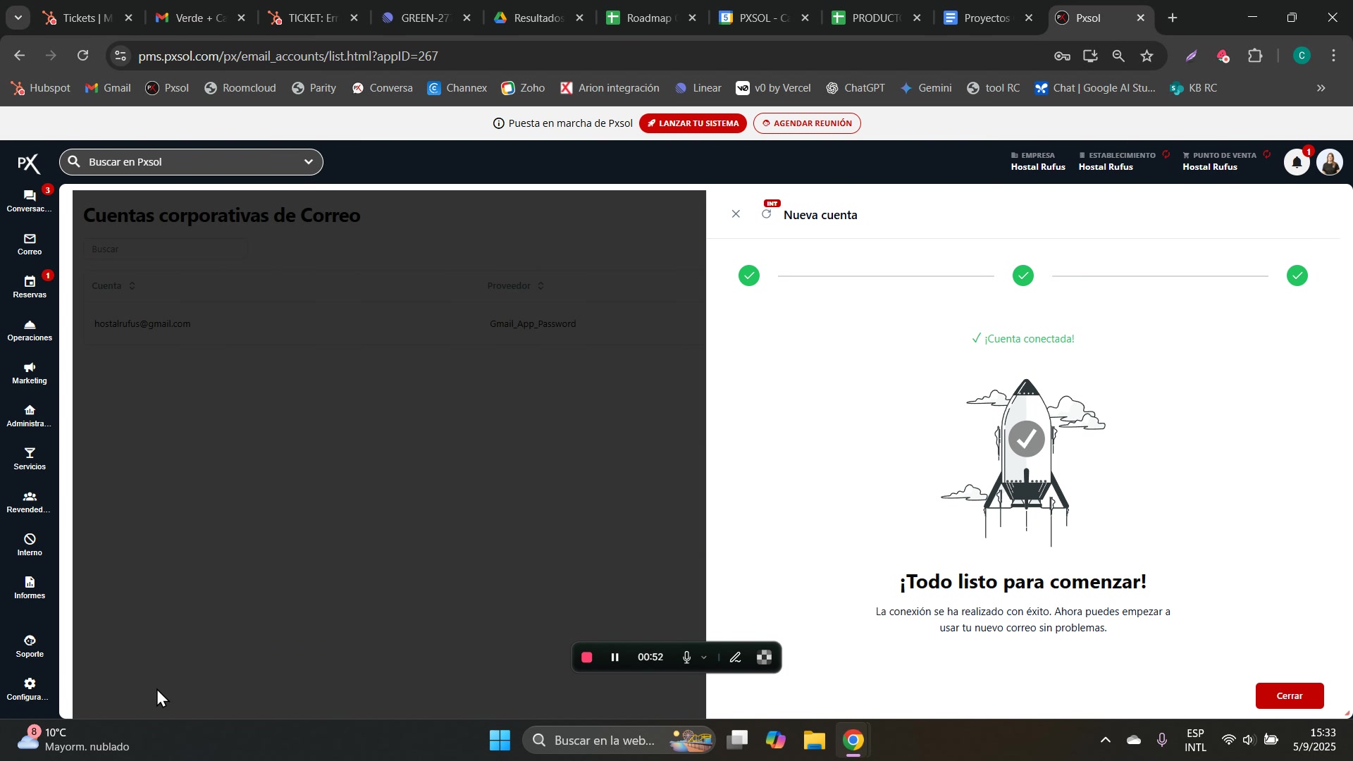Mensaje de éxito '¡Cuenta conectada!' con una ilustración de un cohete.