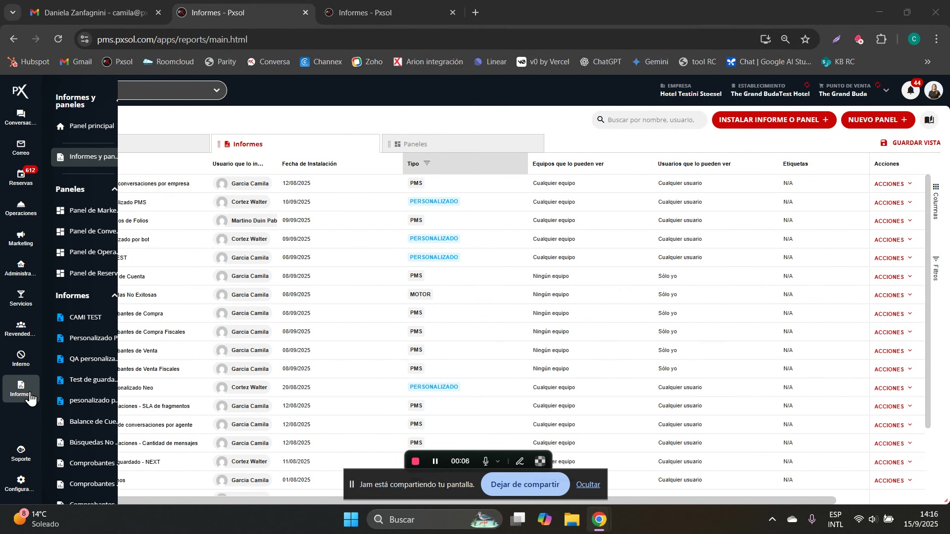 Vista de la interfaz mostrando el menú lateral con la opción 'Informes' seleccionada y el submenú 'Informes y paneles' desplegado.