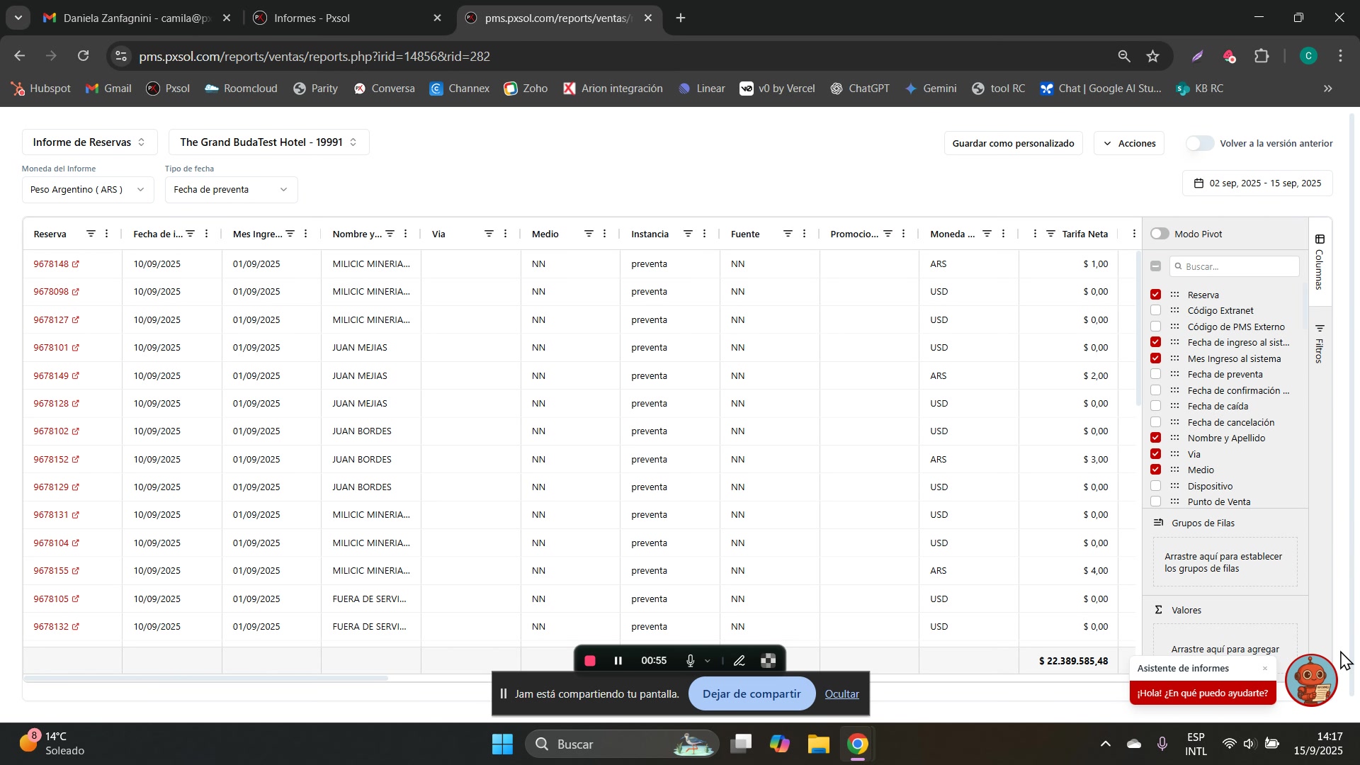 Vista de la nueva interfaz de informes con el asistente de IA visible en la esquina inferior derecha.