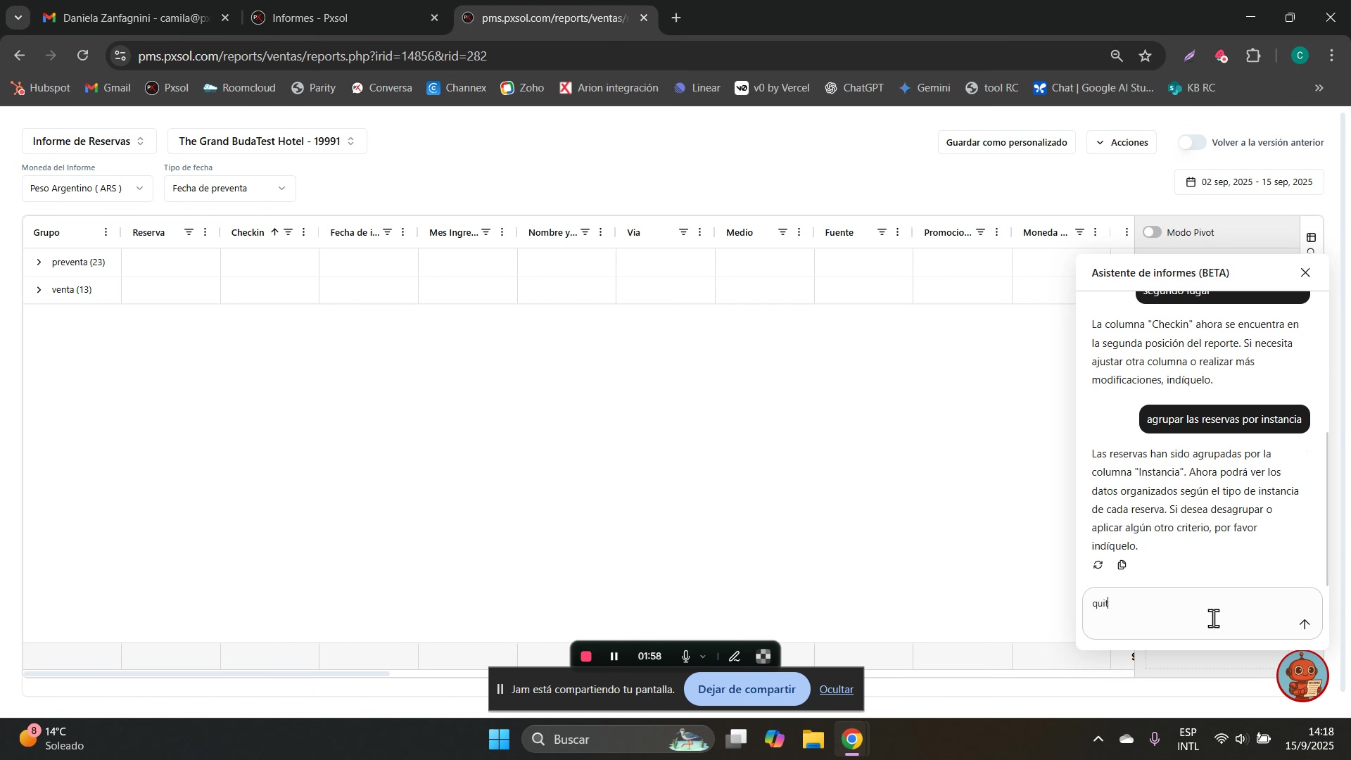 Escribiendo el comando 'quitar agrupación' en el chat del asistente para deshacer la vista agrupada.