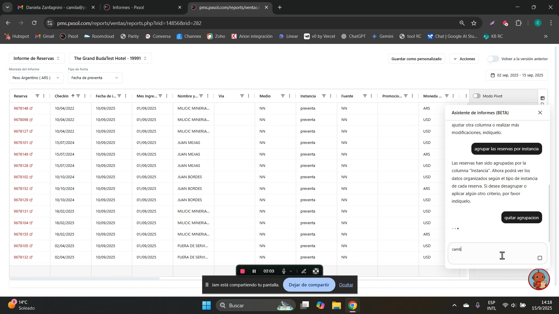 Escribiendo el comando para cambiar la moneda del informe a USD.