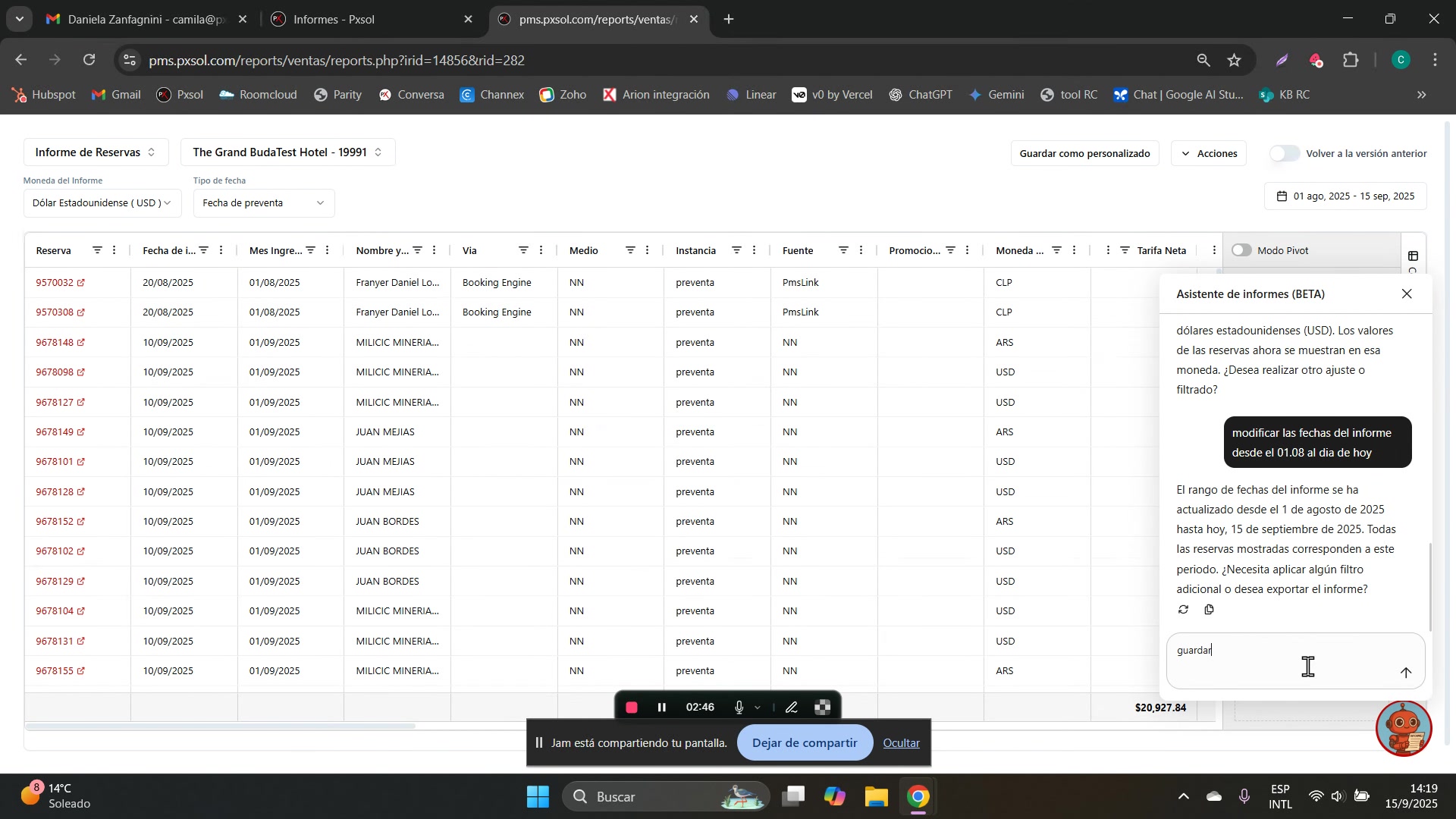 Escribiendo el comando para guardar el informe con una configuración y nombre personalizados.