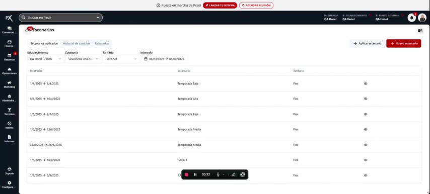 Lista de escenarios actualmente aplicados con sus respectivos rangos de fecha y tarifarios.