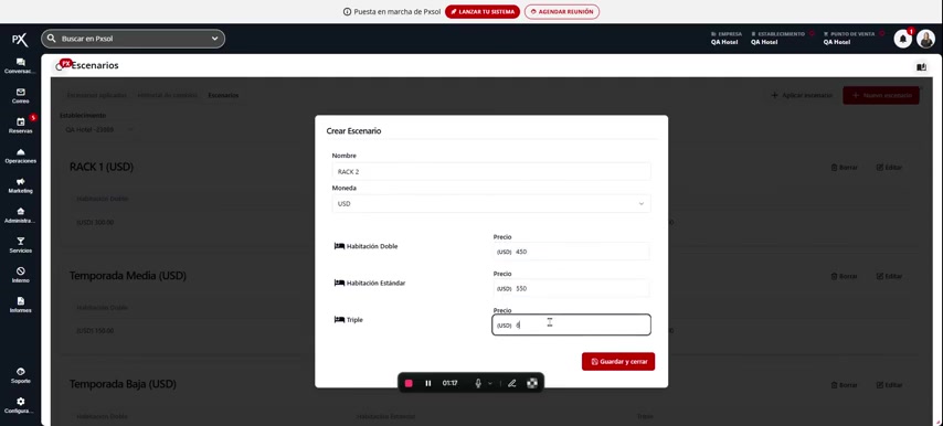 Ingreso de precios para las diferentes categorías de habitación y clic en el botón para guardar.
