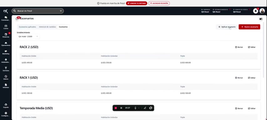 Formulario emergente para la aplicación de un escenario a un plan tarifario.