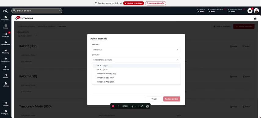 Selección del escenario "RACK 2 (USD)" de la lista de escenarios disponibles.