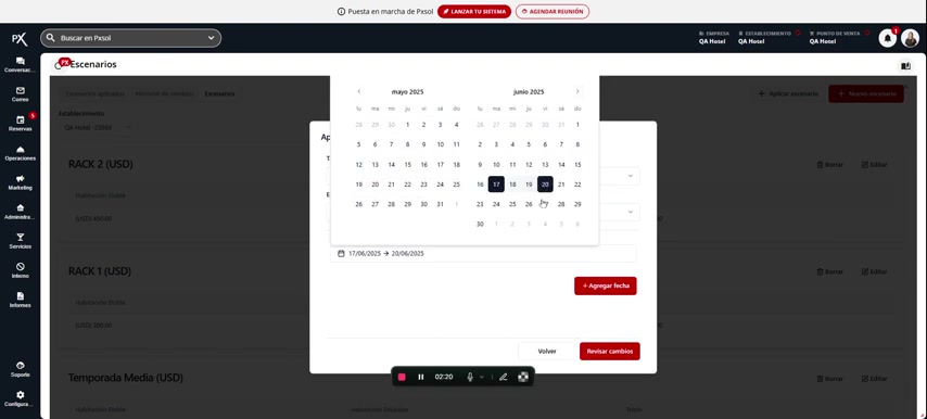Selector de calendario mostrando el rango de fechas del 17 al 20 de junio de 2025 seleccionado.