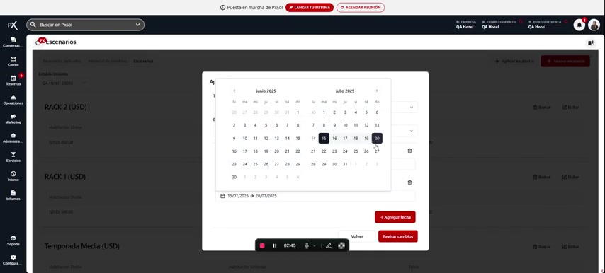 Formulario de aplicación con dos rangos de fechas distintos configurados para el mismo escenario.
