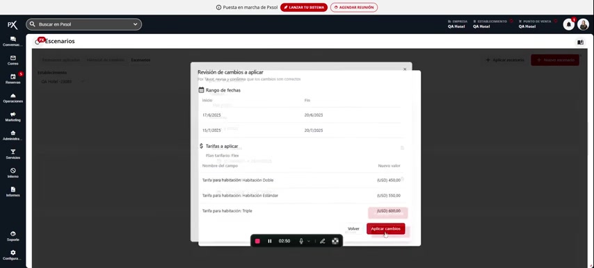 Pantalla de revisión mostrando el resumen completo de los cambios a aplicar.