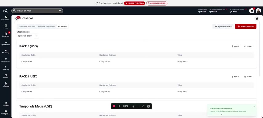Notificación de éxito en la esquina inferior derecha confirmando la actualización de tarifas.