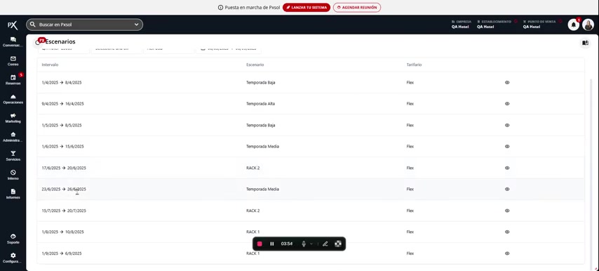 Vista de la pestaña "Escenarios aplicados" mostrando los nuevos rangos de fecha con el escenario "RACK 2" aplicado.
