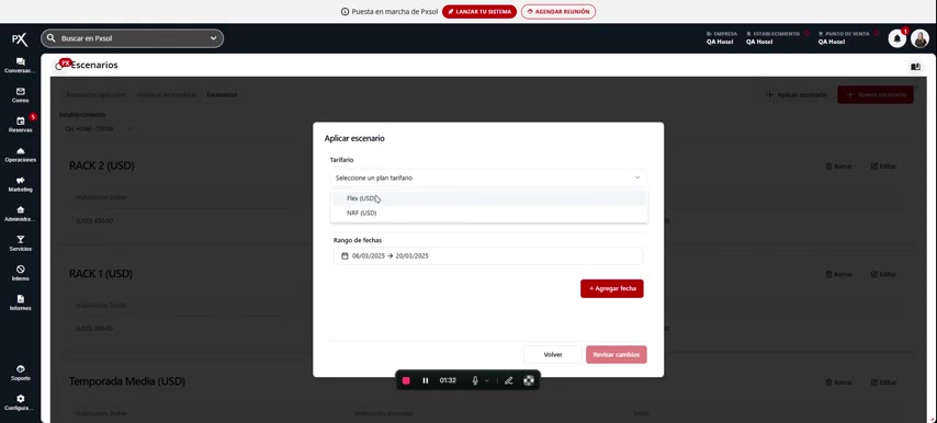 Selección del plan tarifario "Flex (USD)" en el menú desplegable.