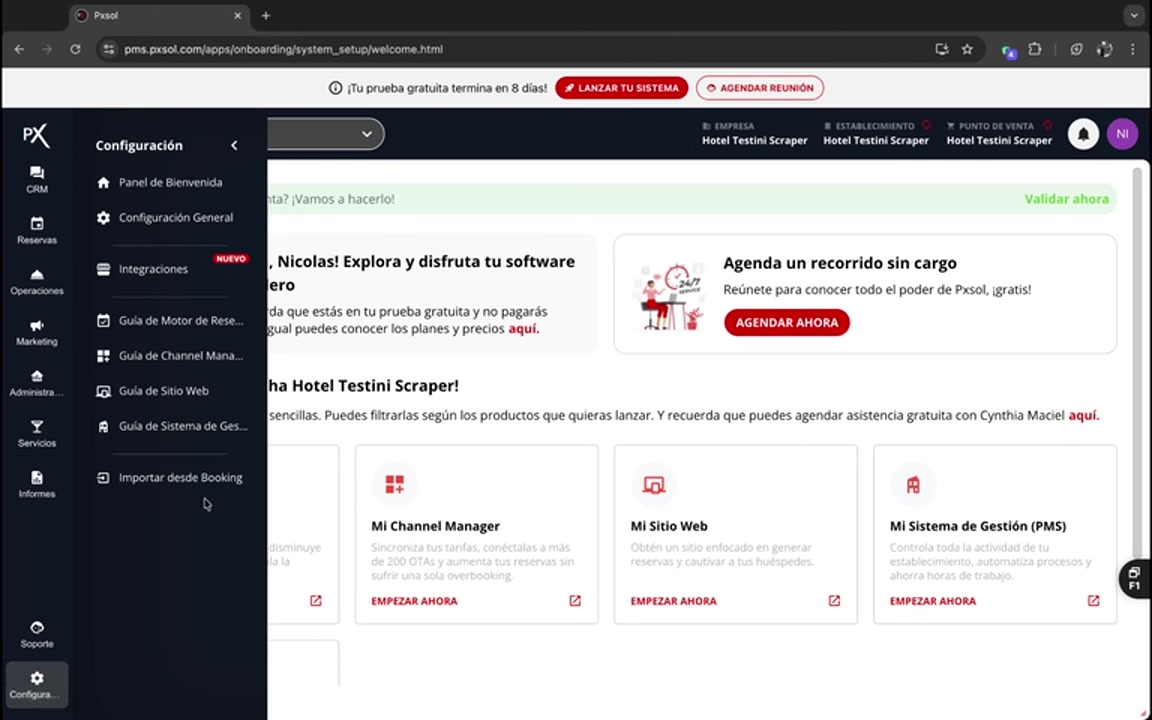 Ventana modal 'Importar datos desde Booking' mostrando el primer paso.