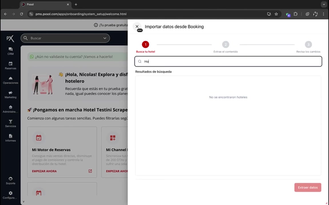 Campo de búsqueda con el texto 'Hotel Salta' ingresado y resultados de búsqueda cargándose.