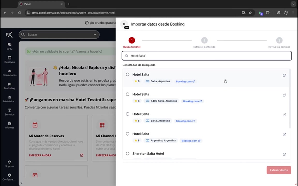 Lista de resultados de búsqueda para el hotel, con una opción seleccionada.