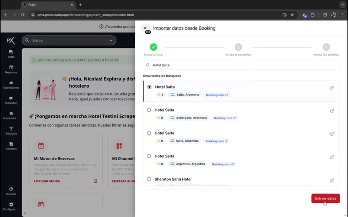 Ventana modal mostrando la pantalla de carga 'Extrayendo contenido'.