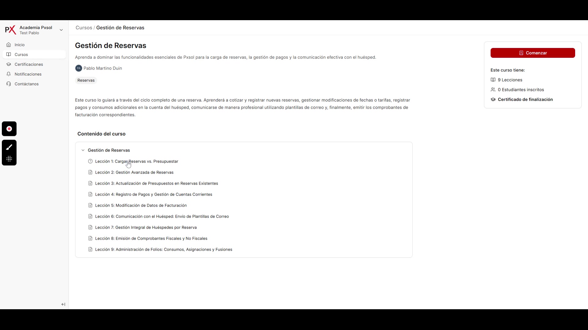 Página de detalles del curso mostrando el contenido y las lecciones