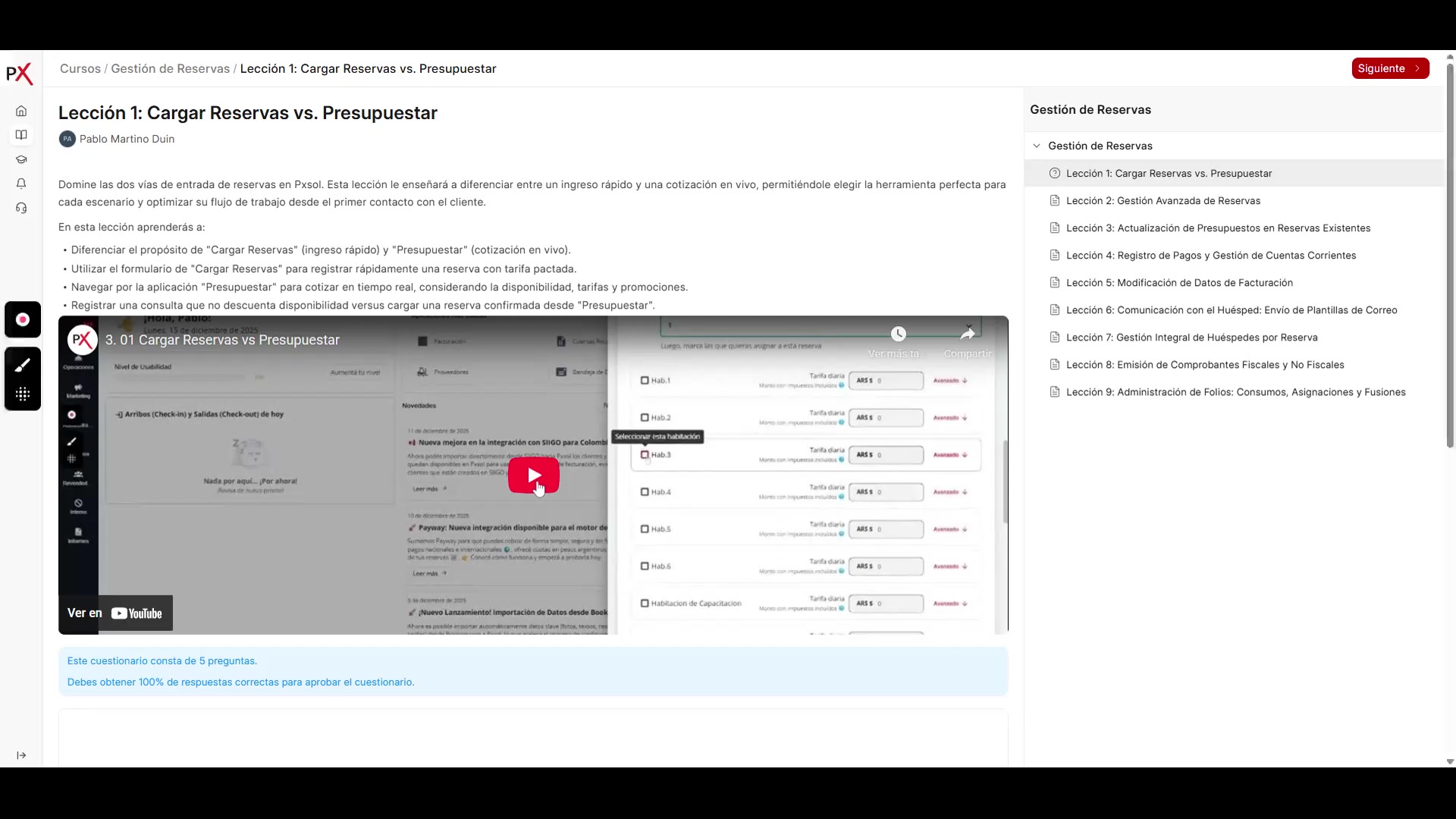 Reproducción del video dentro de una lección del curso
