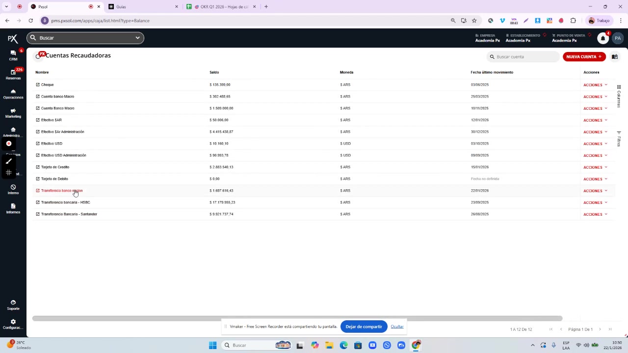 Detalle de movimientos de la cuenta recaudadora seleccionada.