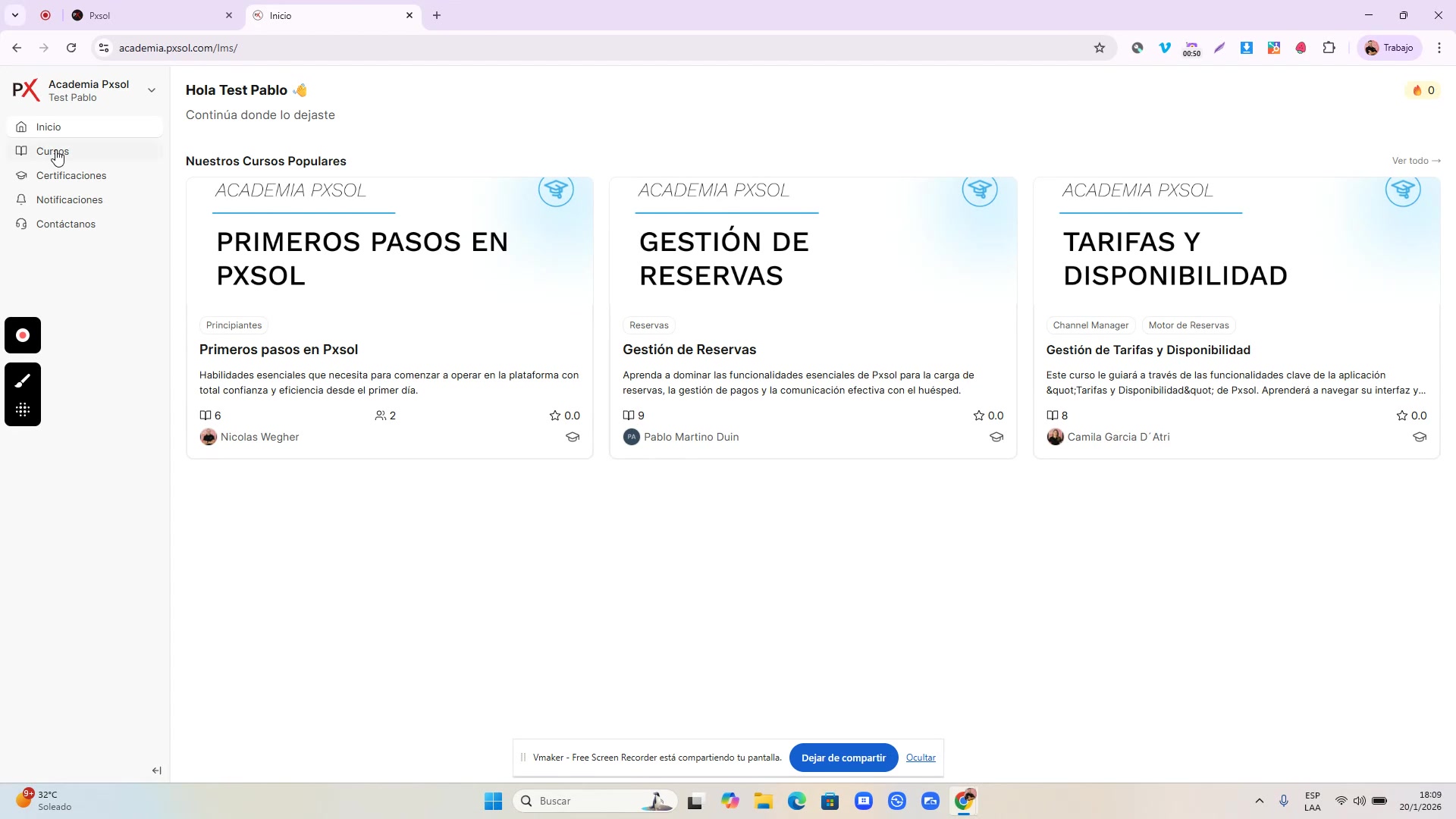 Página de inicio de la academia con el menú lateral izquierdo visible y la opción 'Cursos' seleccionada.