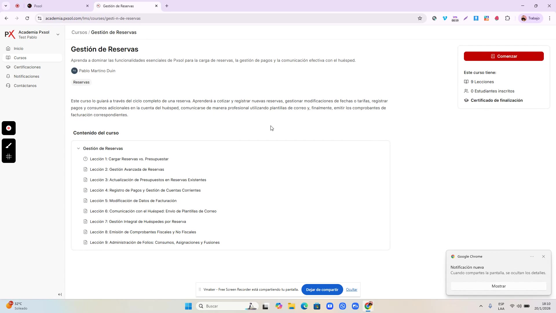 Página de detalle del curso 'Gestión de Reservas', mostrando el contenido del curso y el listado de lecciones.