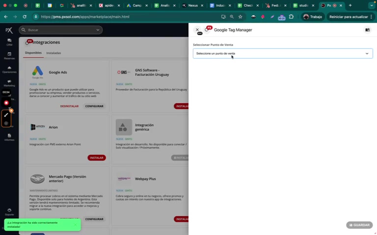 Panel de configuración de Google Tag Manager con un menú desplegable para seleccionar el punto de venta.