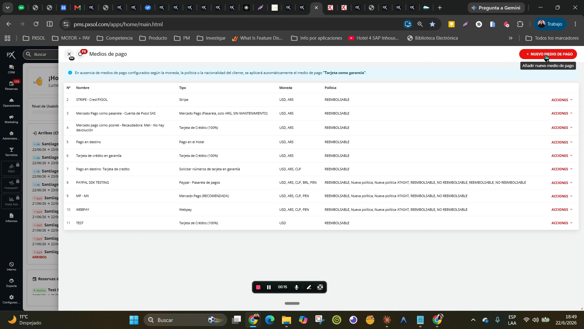 Cursor haciendo clic en el botón rojo 'Nuevo medio de pago'.