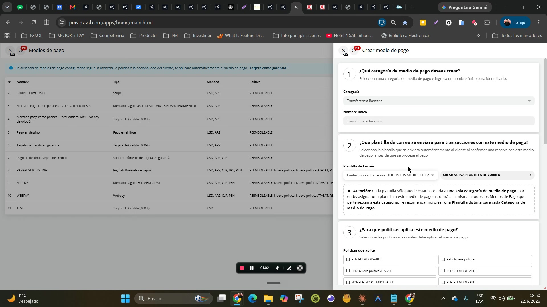 Selección de una plantilla de correo desde un menú desplegable.