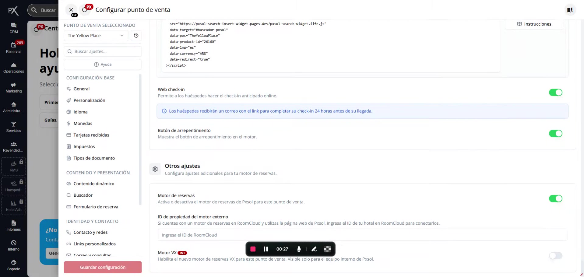 Captura de pantalla mostrando el desplazamiento hacia la sección 'Otros ajustes' en la configuración del punto de venta.