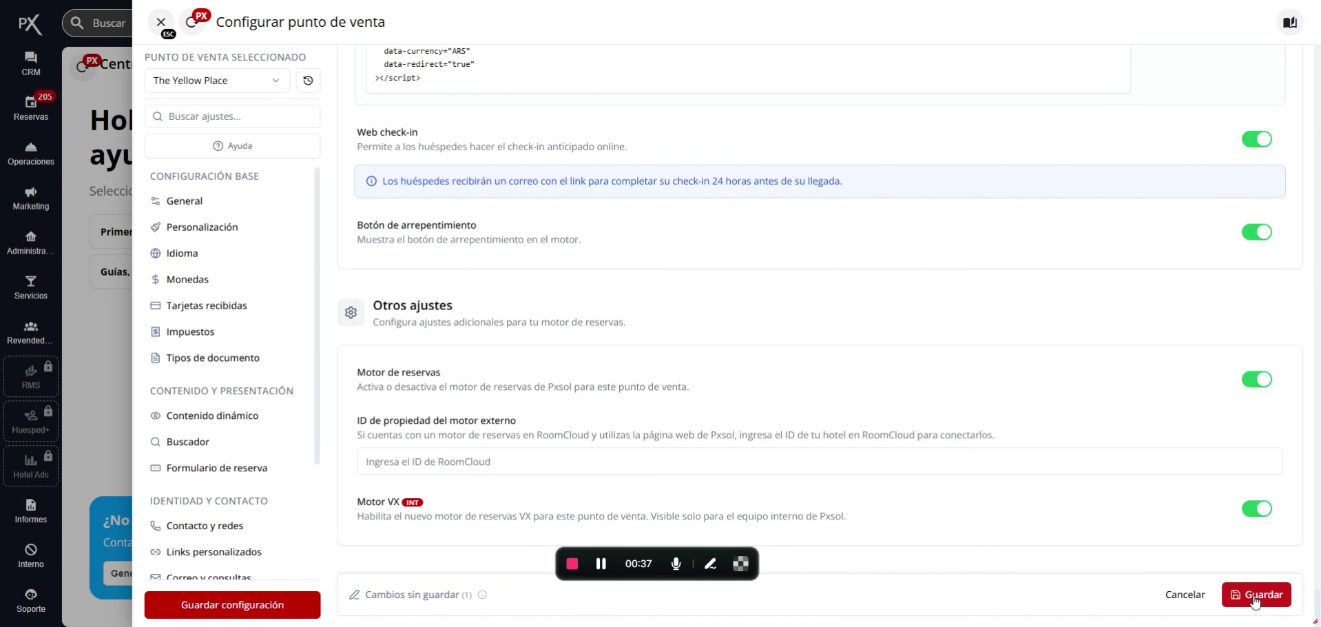 Captura de pantalla mostrando el botón 'Guardar configuración' y una notificación de éxito.