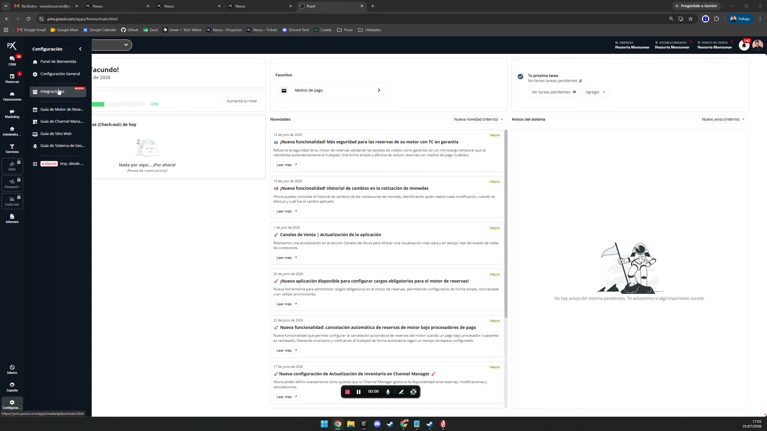 Vista del menú principal con la opción de configuración e integraciones resaltada.
