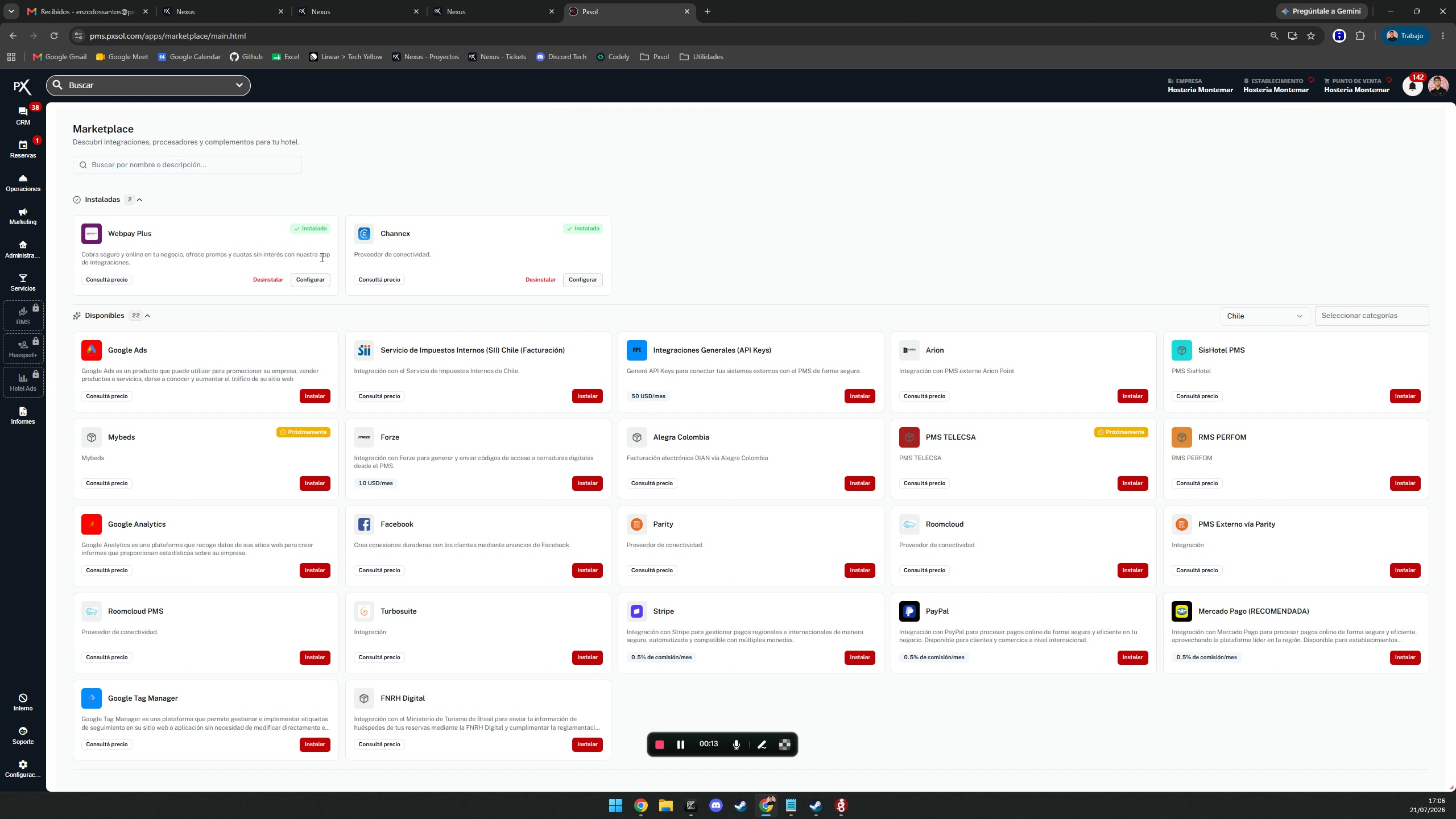 Listado de integraciones con el cursor sobre el botón de configurar de la pasarela de pago.