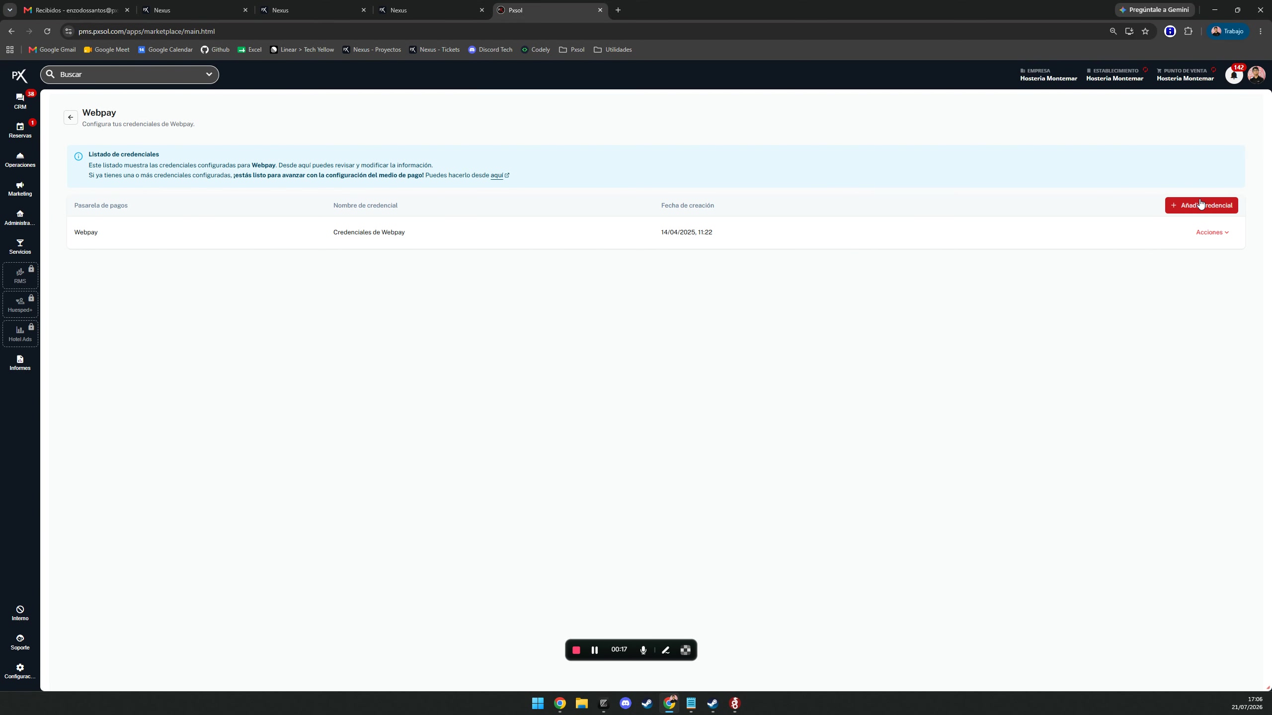 Botón 'Añadir credencial' siendo presionado en la pantalla de gestión de la pasarela.