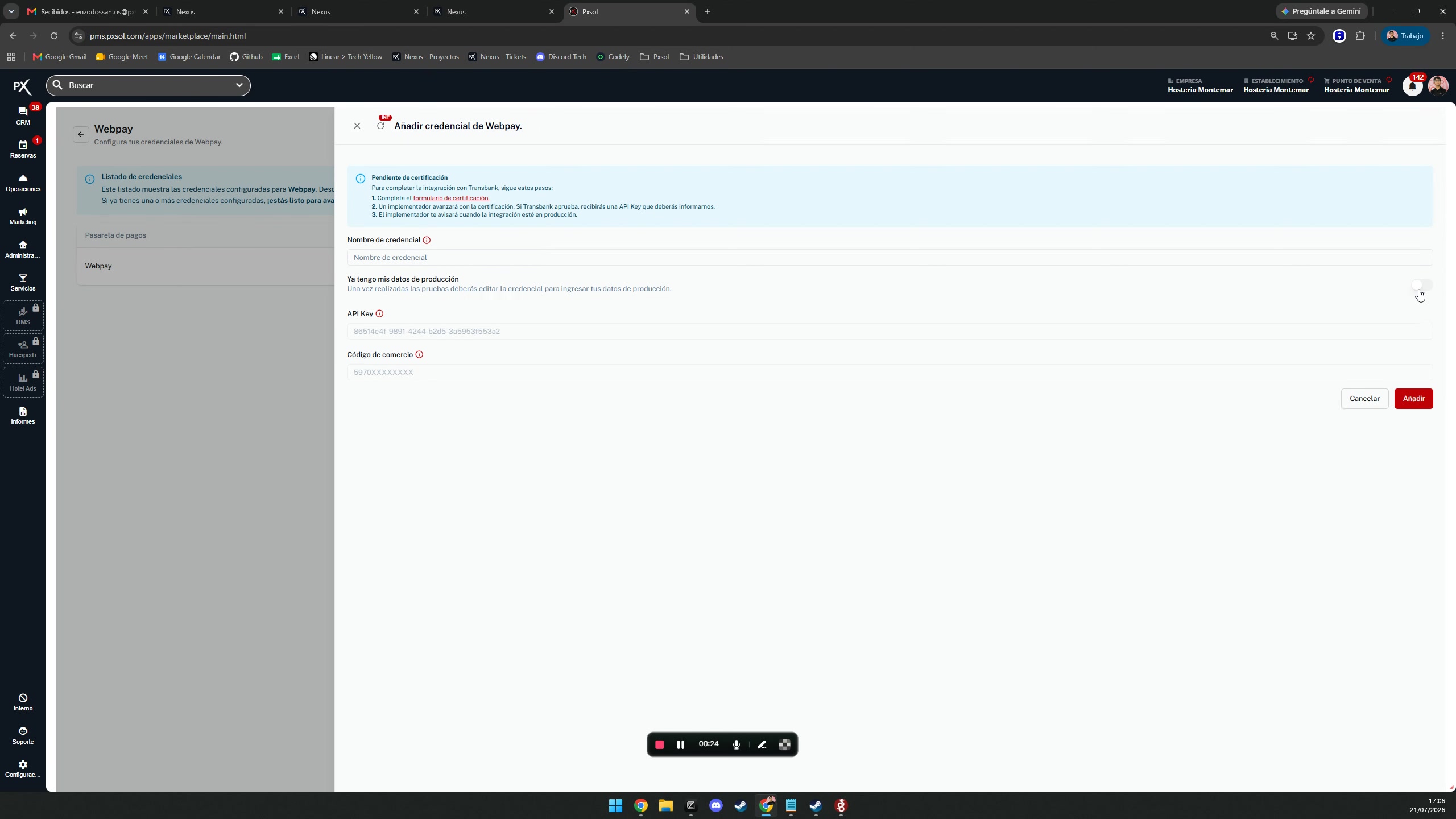 Interruptor para habilitar los datos de producción siendo activado.
