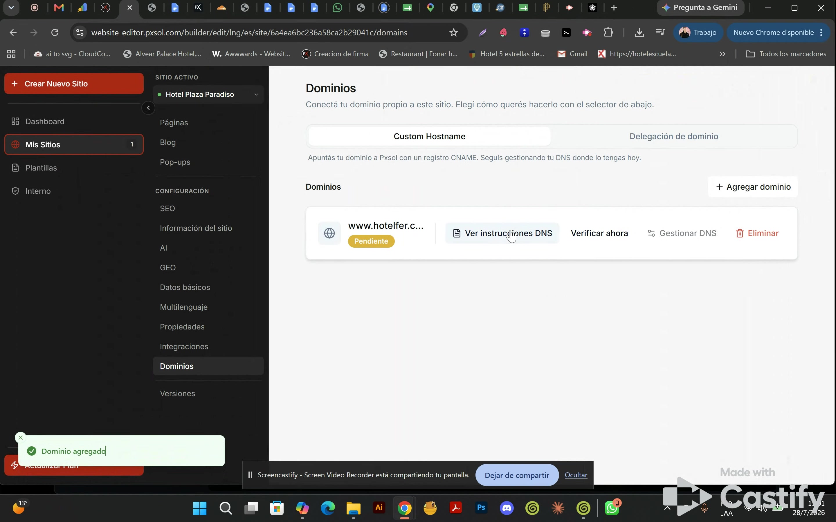 Ventana emergente 'Ver instrucciones DNS' con una lista de registros TXT, CNAME y A para configurar.