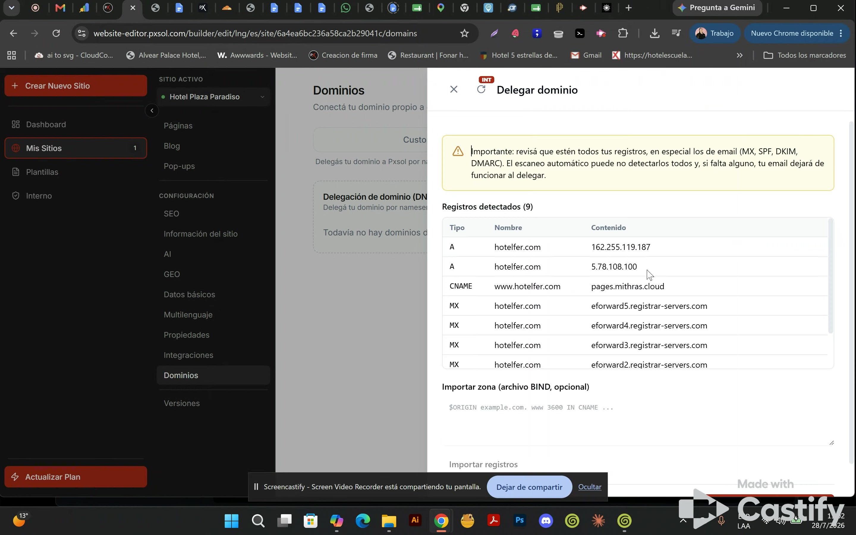 Lista de registros DNS detectados para el dominio hotelfler.com, incluyendo registros A, CNAME y MX.