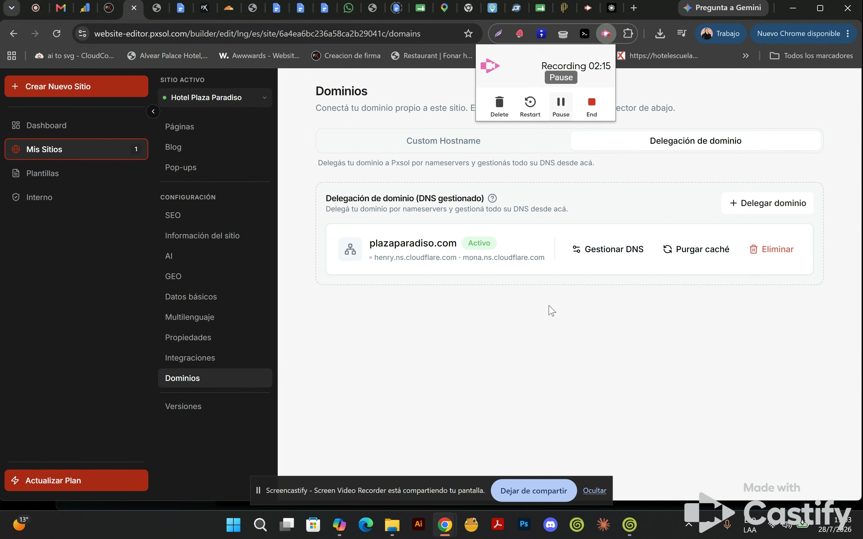 Vista de un dominio activo, plazaparadiso.com, con una etiqueta verde 'Activo'.